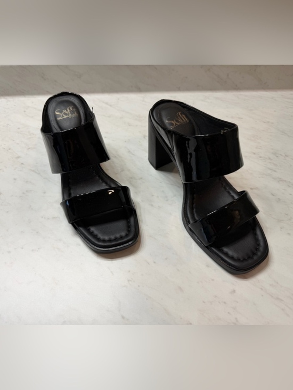 Sofft Sheila Womens 9M Black Patent Leather Block Heel Slide Sandals Square Toe